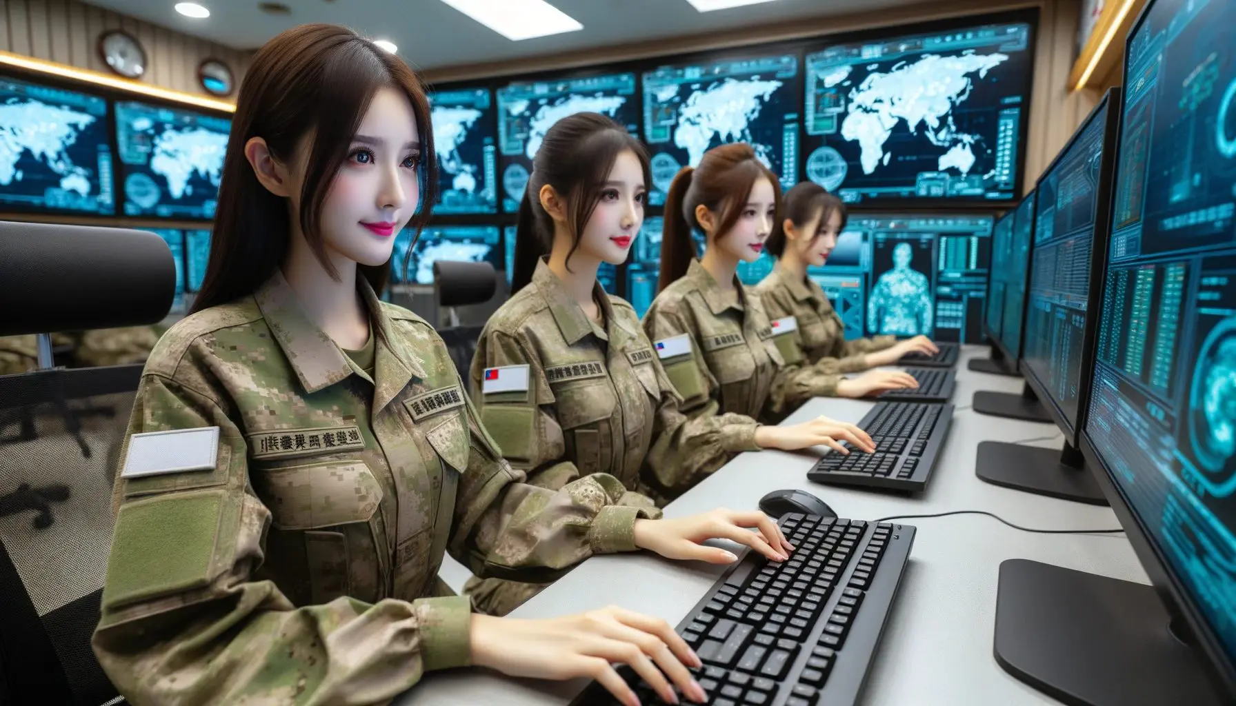 photo of three charming 25-year-old Taiwanese female military officers, in their camouflage uniforms, working diligently on their individual computer 