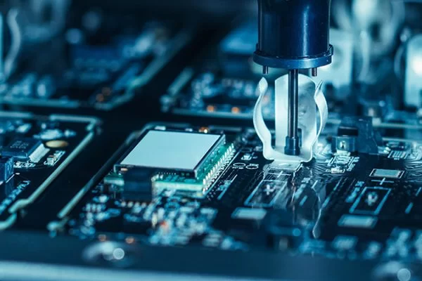 Close-up Macro Shot of Electronic Factory Machine at Work: Printed Circuit Board Being Assembled with Automated Robotic Arm, Place Technology Mounts Microchips to the Motherboard