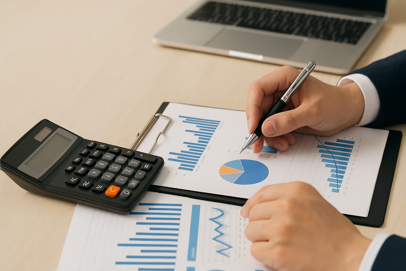 會計師手持筆與計算機，審閱財務報表與資本驗資資料，象徵公司設立前的專業驗資流程。