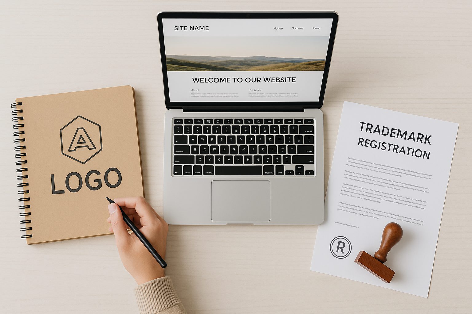 戰國策集團開公司預算怎麼抓?第一年營運成本一次算給你 桌面上放著品牌Logo設計草稿本、顯示網站首頁的筆記型電腦,以及商標註冊文件與印章,呈現品牌建立與行銷基礎建設的概念。