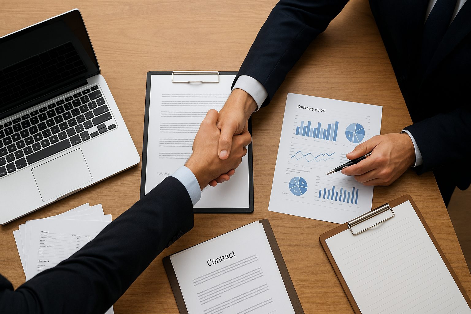 戰國策集團2026 年新成立公司代辦推薦:10 大評選標準與服務商比較 兩位商務人士在文件與筆電間握手,象徵合作達成。