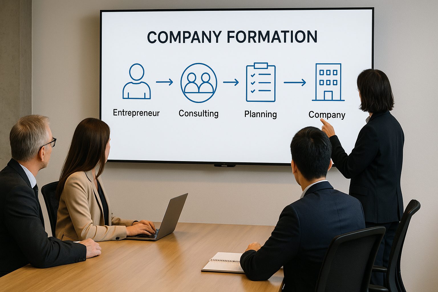 戰國策集團2026 年新成立公司代辦推薦:10 大評選標準與服務商比較 顧問團隊與創業者在會議室觀看公司成立流程簡報,呈現專業代辦服務。