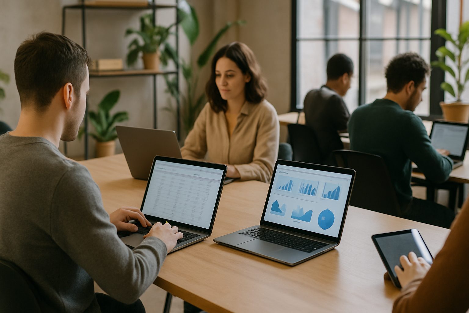 戰國策集團開公司預算怎麼抓?第一年營運成本一次算給你 多位創業者在共享辦公空間使用筆電工作,查看報表與圖表,呈現以科技工具和共享空間降低開公司成本的情境。