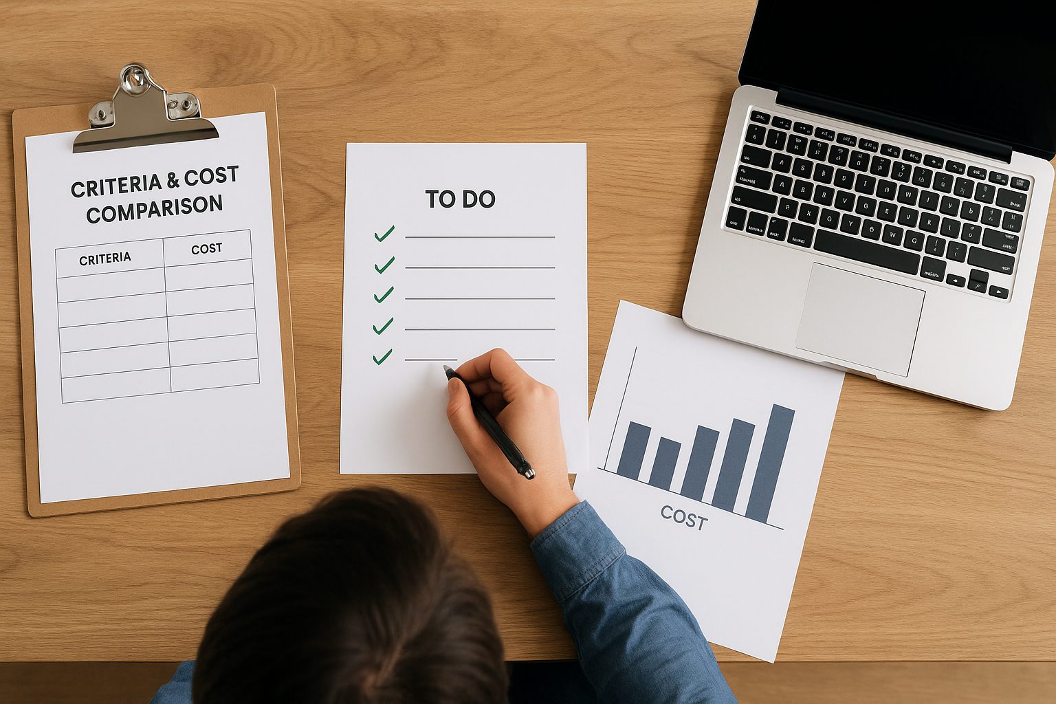 戰國策集團2026 年開公司代辦推薦:10 大評選標準與服務商比較 俯拍桌面,包含代辦評選標準表、打勾清單、費用比較圖與筆電的工作情境