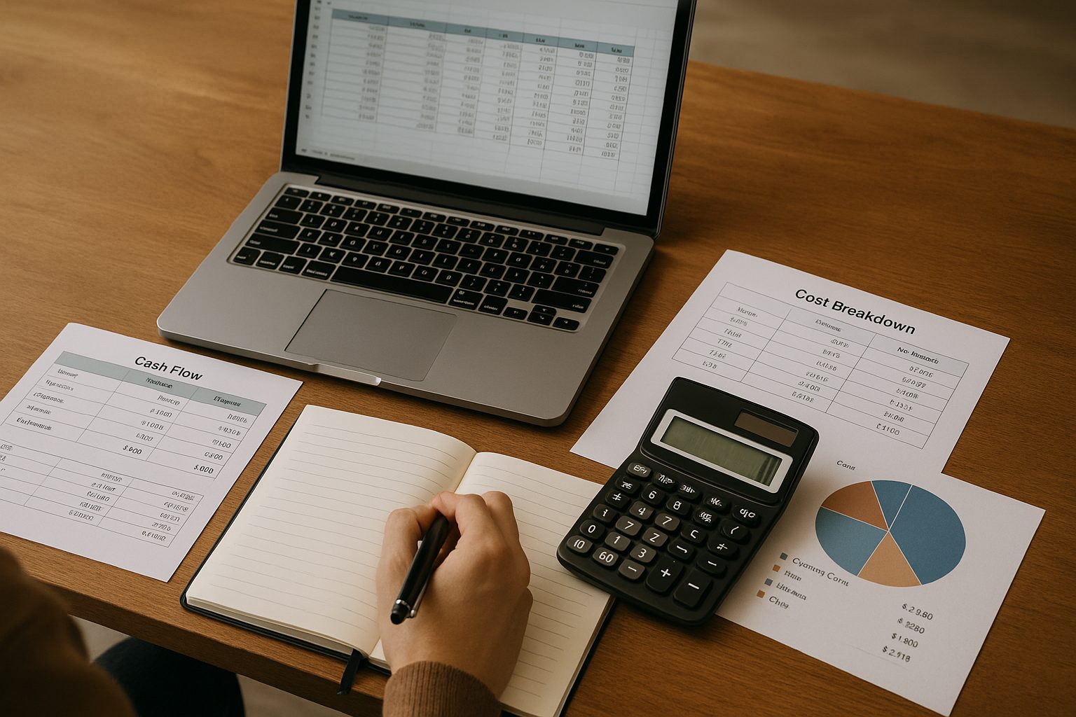 戰國策集團開公司預算怎麼抓?第一年營運成本一次算給你 創業者在筆電前查看試算表,搭配現金流表、成本分類表與計算機,規劃開公司預算與第一年營運成本的場景。