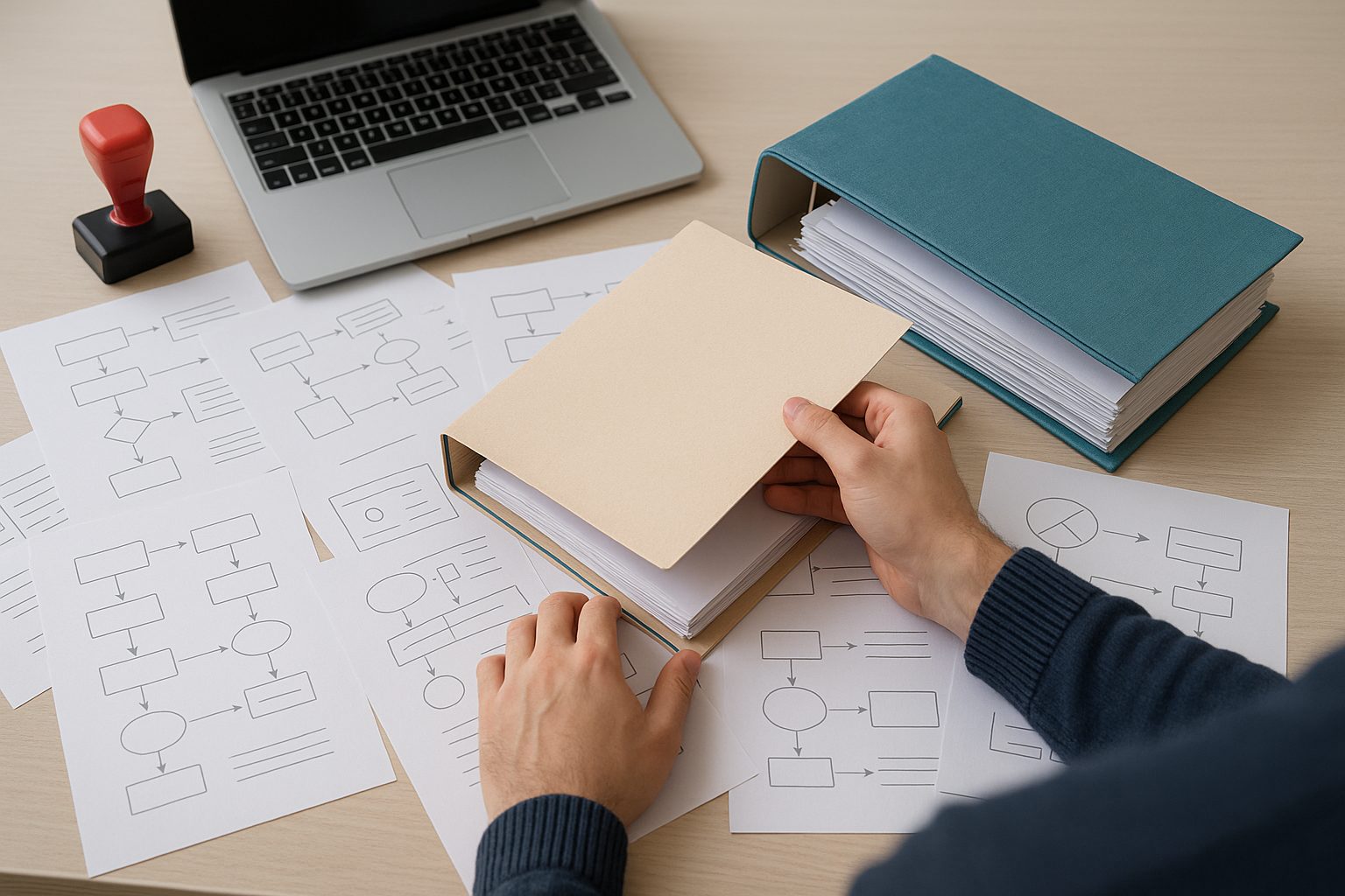 戰國策集團2026 年新成立公司代辦推薦:10 大評選標準與服務商比較 俯拍創業者整理公司設立資料夾、流程文件與印章的桌面場景,呈現行政流程繁雜的氛圍。