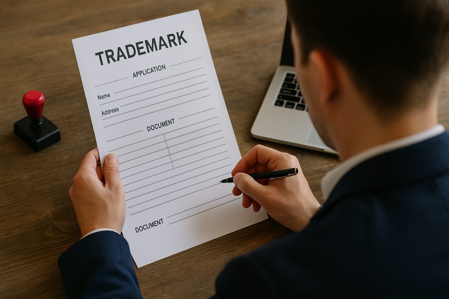 創業者在桌前閱讀商標申請文件，旁邊有印章與筆電，象徵商標申請流程繁瑣需要專業協助。