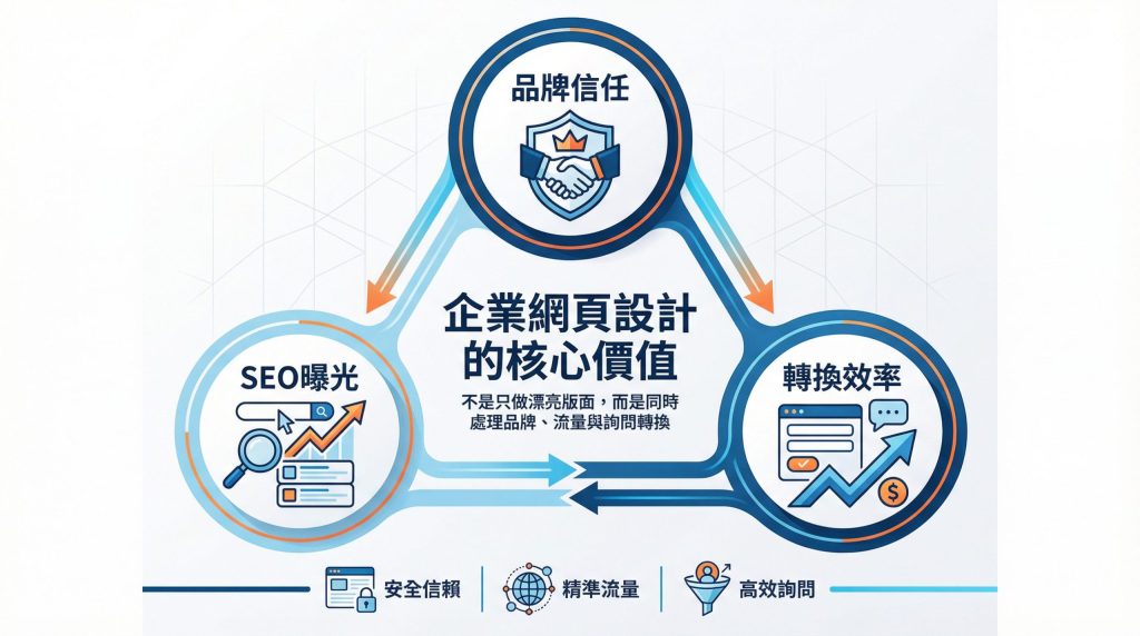 企業網頁設計的核心價值圖，整理品牌信任、SEO 曝光與轉換效率三者關係