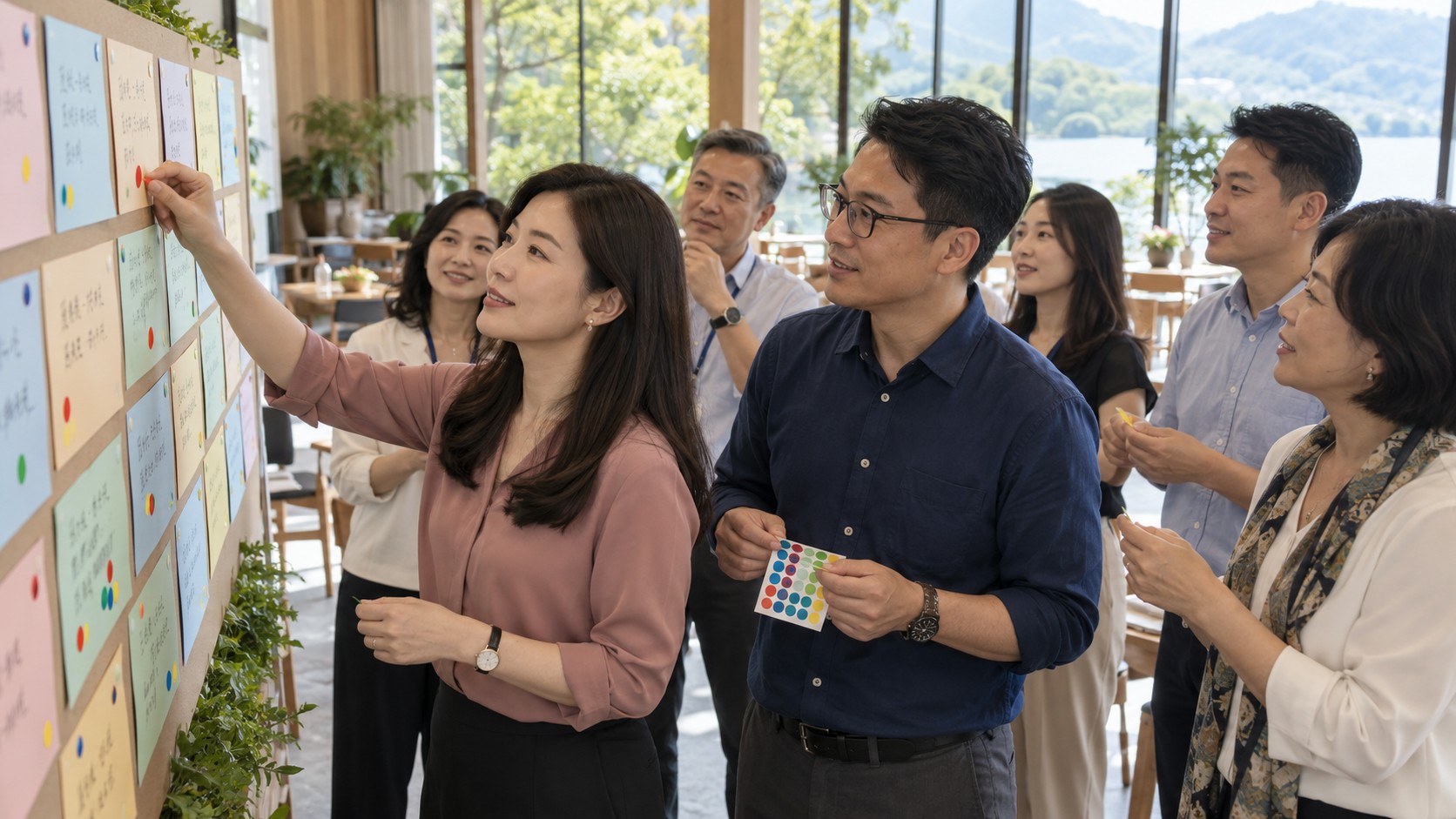 企業共識營成功案例：團隊在便利貼牆上為目標與卡關點投票排序