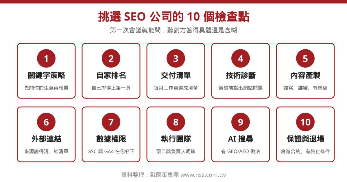 挑選 SEO 公司的 10 個檢查點資訊圖
