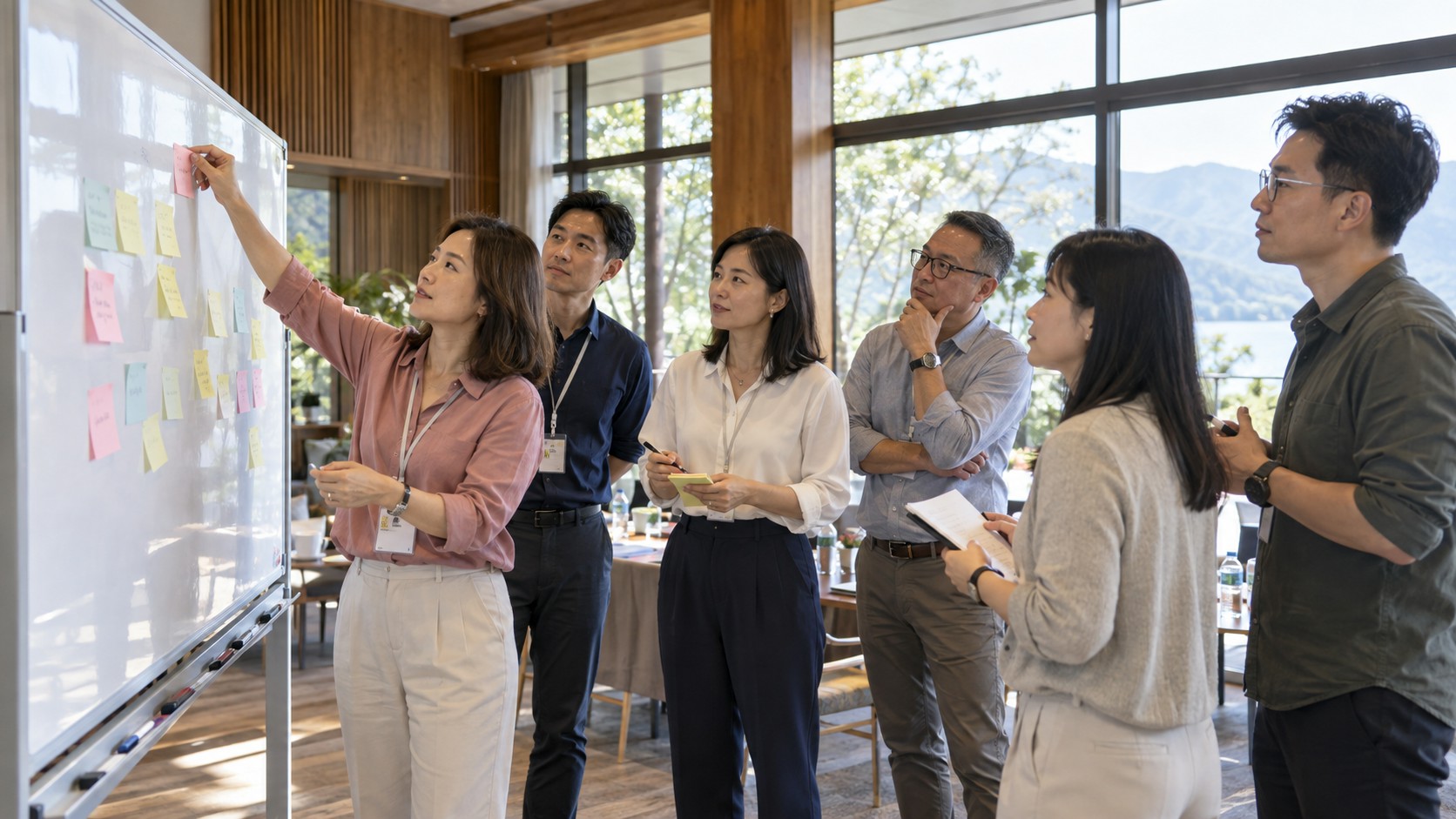 企業共識營工作坊:主管與同仁在白板上用便利貼整理部門目標與卡關點